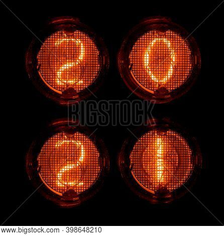Nixie Light Bulbs, Tubes With Digits 2021 With Unusual View. Vintage Style Christmas Photo On A Dark
