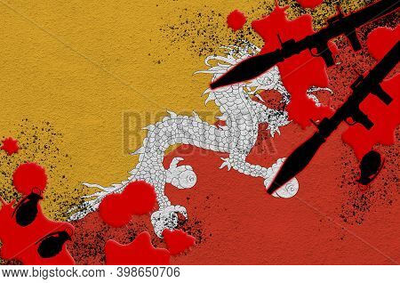 Bhutan Flag And Rocket Launchers With Grenades In Blood. Concept For Terror Attack And Military Oper