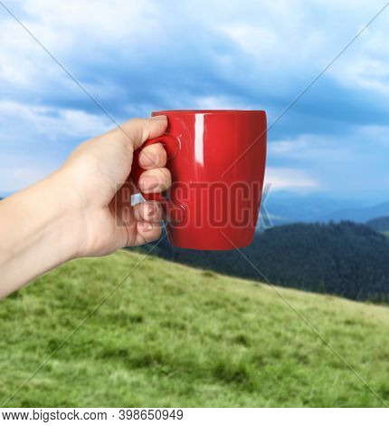 Closeness To Nature. Woman Holding Cup In Mountains, Closeup