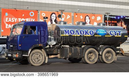 Kazakhstan, Ust-kamenogorsk - 4 October, 2020. Liquid Storage Tank Car For The Milk. Truck Kamaz  On