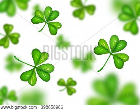 Shamrock On White Background With Blurred Effect. Vector St. Patrick Day Symbol, Cartoon Green Clove