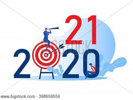 Businessman Looking Binoculars On Target Board For Plan On 2021 Years. Leadership Concept Flat Carto