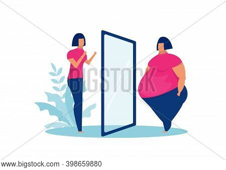 Fat Lady  Looking At Mirror Fit Reflection Before And After Concept.