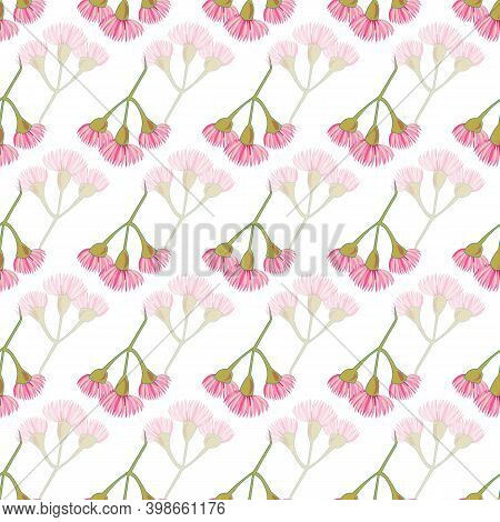 Pink Eucalyptus Blossoms In Rows Seamless Vector Repeat Pattern. Vector Illustration In Sweet Pinks 
