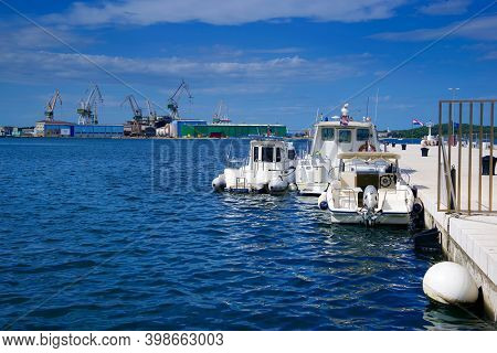 PULA, CROATIA - SEPTMBER 18, 2020: Adriatic sea harbour of Pula, Croatia, Europe