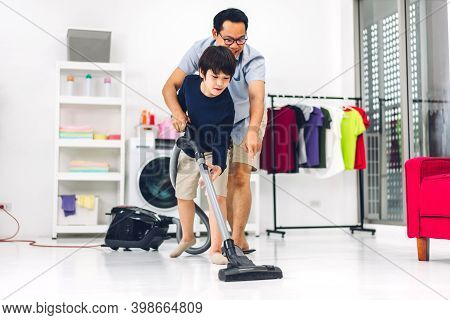 Father Teaching Asian Kid Little Boy Son Having Fun Doing Household Chores Cleaning And Washing Floo