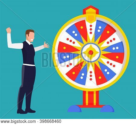 Game Fortune Wheel Concept. Man Playing Risk Game With Fortune Wheel And Lottery. Illustration Of Ca