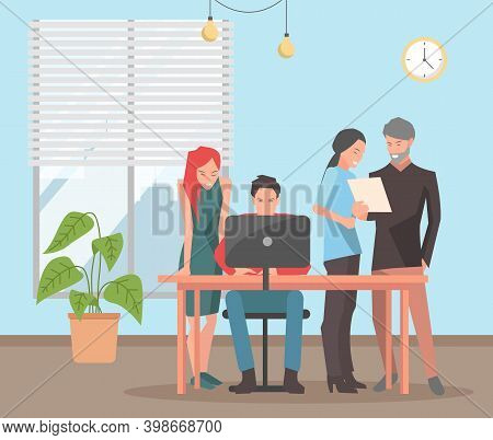 Staff Analyzes Data And Study Metrics. Employees Spend Time Together. People Work On The Computer. W