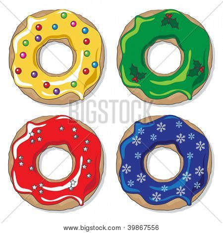 Christmas donuts i varierende farver med en række forskellige festlige toppings. EPS10 vektorformat.