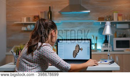 Young Remote Woman Architect Working On Modern Cad Program Overtime. Industrial Female Engineer Stud