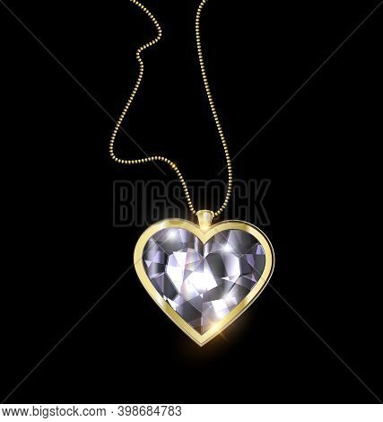 Black Background And Jewel Pendant Heart With Golden Chain