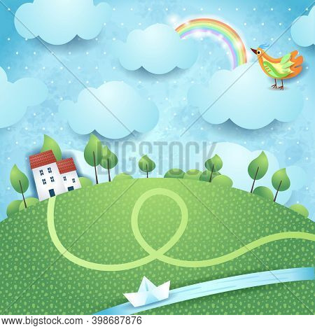 Fantasy Landscape With River And Bird, Paper Art. Vector Illustrastion Eps10