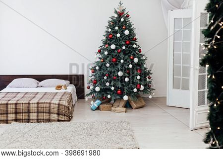 Bedroom Bed New Year Holiday Interior Christmas Tree Decor Gifts