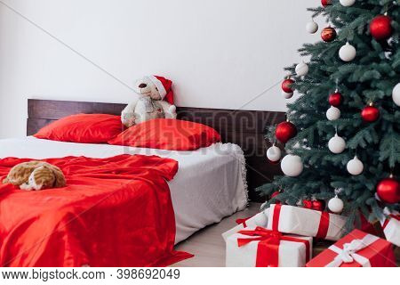 Bedroom Bed New Year Holiday Interior Christmas Tree Decor Gifts