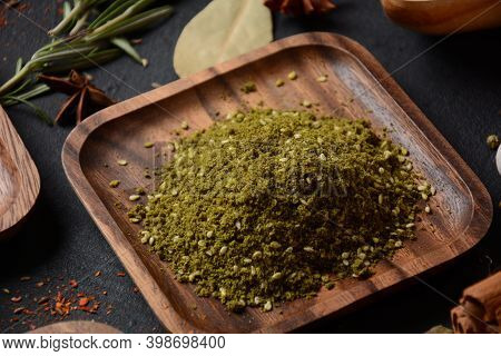 Za\'atar A Spice Mixture That Includes The Herb Along With Toasted Sesame Seeds, Dried Sumac On Wood
