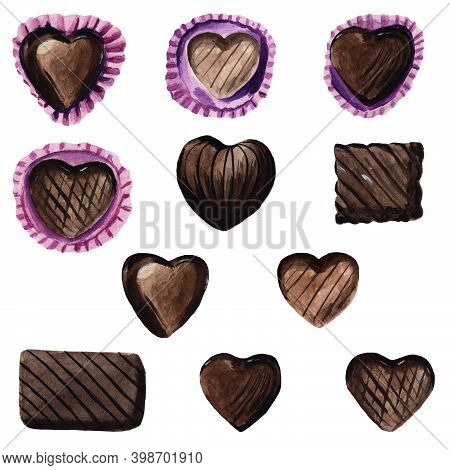 Set Of Heart Shaped Chocolates In Packaging And Without Packaging Isolated On A Transparent Backgrou