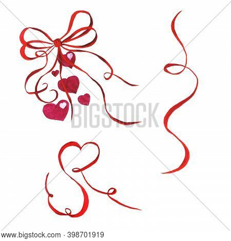 Set Of Pink Ribbons, Bow, Heart And Straight Ribbon In Watercolor On A Transparent Background Valent
