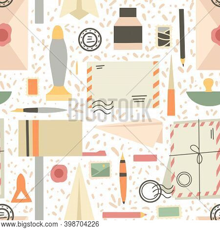 Seamless Pattern Of Various Supplies Of Old Letters And Mail With Dots On White Background. Envelope