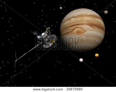 Voyager rymdfarkosten nära Jupiter och dess satelliter - 3D Render
