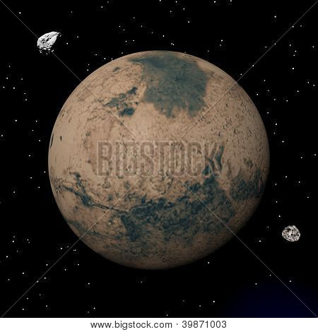 Planeta Mars i Deimos i Phobos satelity - 3D Render