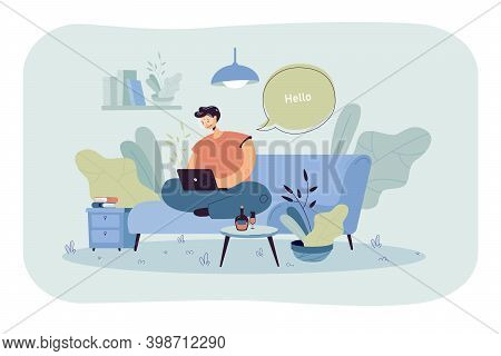 Happy Guy Sitting On Sofa And Working From Home Flat Vector Illustration. Cartoon Businessman Chatti