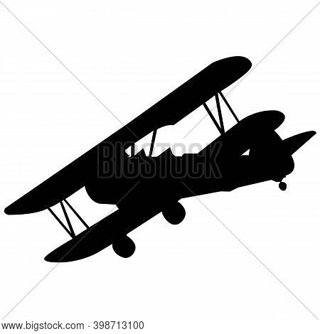 Propeller Motor Aircraft With Two Wings. Black Silhouette On A White Background.