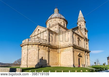 The Temple Of San Biagio, Imposing Travertine Church, In The Middle Of The Tuscan Countryside, Is On