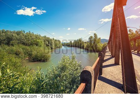 View Of The River In A Mountain Valley With From Bridge. Springtime. Tisza River (tysa, Tisa) Near T
