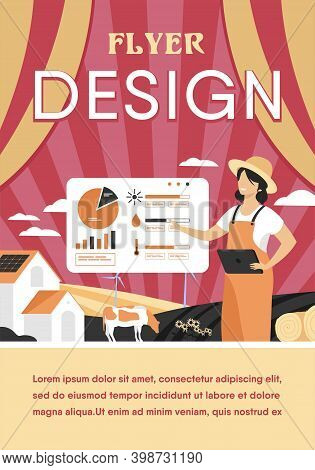 Happy Female Farmer Working On Farm To Feed Population Flat Vector Illustration. Cartoon Farm With A