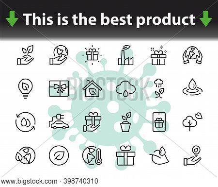 Set Of Ecology Icons, Vector Lines Contains Such Icons As An Electric Car, Global Warming, Forest, E