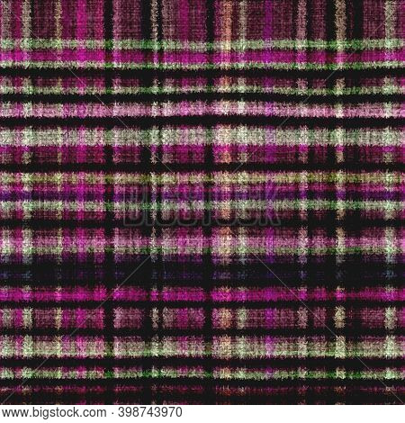 Variegated Multicolor Tapestry Plaid Woven Texture. Space Dyed Watercolor Effect Knit Check Backgrou