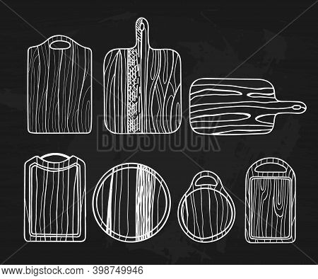 Cutting Board Set. Hand Drawn Boards, Vintage Kitchen Wooden Boards Collection, White Objects Chalk 