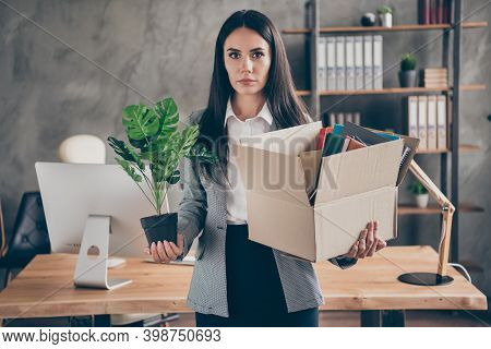 Photo Of Serious Chief Manager Lawyer Girl Have Company Crisis Bankrupt Hold Belongings Cardboard Bo