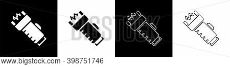 Set Police Electric Shocker Icon Isolated On Black And White Background. Shocker For Protection. Tas