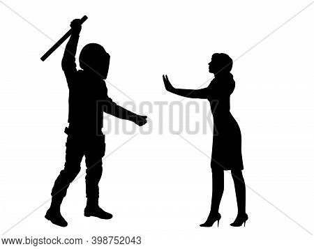 Silhouette Policeman Swung His Baton At An Unarmed Girl. Illustration Symbol Icon