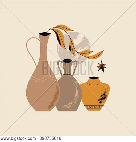 Ancient Antique Greek Style Pottery Or Amphora With Floral And Abstract Shapes Elements Isolated For