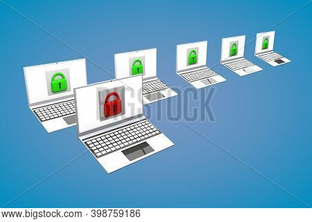 Protected And Unprotected Laptop. Cracking A Password And Leaking Personal Data. 3d Render.