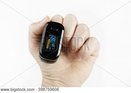 Kiev, Ukraine - 11th November 2020 : Blood Oxygen Saturation. Fingertip Oximeter.