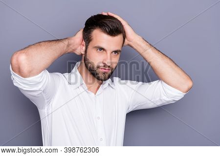 Close-up Portrait Of His He Nice Attractive Content Virile Brutal Man Employee Executive Manager Tou