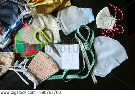 The Picture Shows The Equipment Needed For Home Sewing Of The Textile Masks For Protection Against T
