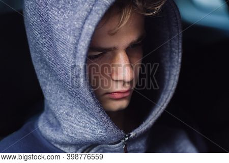Portrait Of A Sad, Tired, Depressed Teenager. Problems Of Teenagers, Concept.