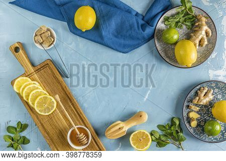 Ginger, Honey, Lemon And Lime Herbal Tea Preparation With High Levels Of Vitamin C, Boosting The Imm