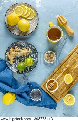 Ginger, Honey, Lemon And Lime Herbal Tea Preparation With High Levels Of Vitamin C, Boosting The Imm
