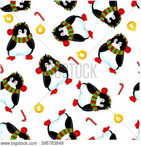 Childhood Vector Seamless Pattern With Cute Penguin.
