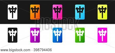 Set Mahjong Pieces Icon Isolated On Black And White Background. Chinese Mahjong Red Dragon Game Emoj