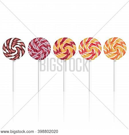 Set Of Colorful Lollipops. Sweet Candy Lollipops On Background. Round Candy. Vector Illustration.