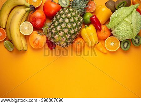Fruit, Citrus, Vegetables With Vitamin C, Yellow Orange Background Top View. Vitamin C Natural Sourc