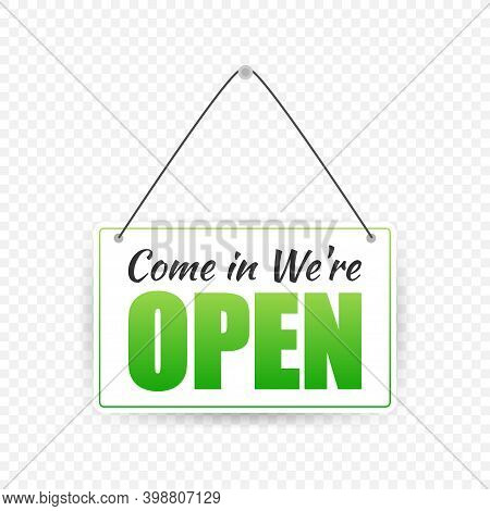 Open Door Sign. Door Sign. Label With Text In Flat Style.