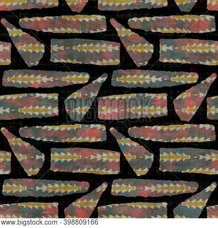 Seamless Dark Geometric Block Print Background. Boho Ethnic Soft Furnishing Fabric Style. Tie Dye Pa