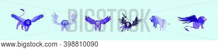 Set Of Winged Lion Cartoon Icon Design Template With Various Models. Modern Vector Illustration Isol